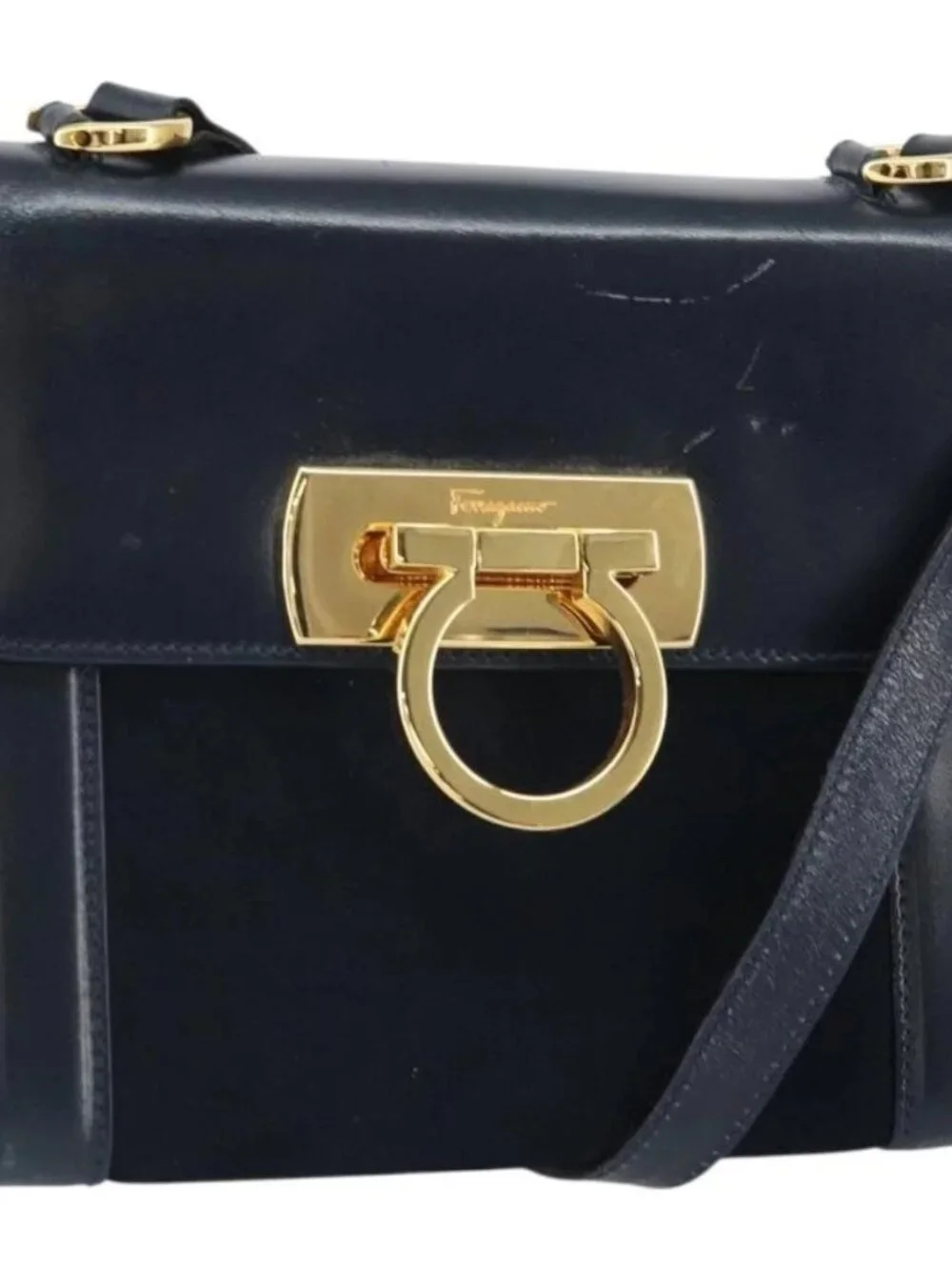 Salvatore Ferragamo Gancini Shoulder Bag Leather Navy Gold Auth 166375